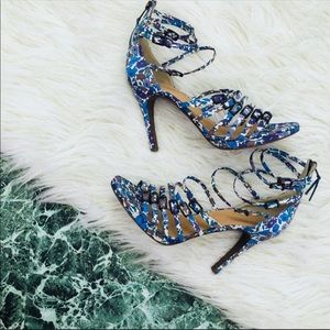 J. Crew Italy | Blue Floral Caged Heels